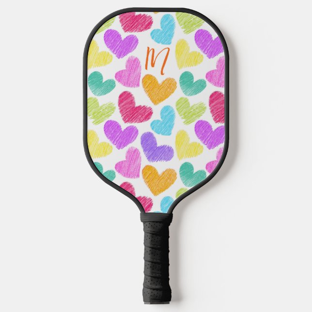 Cute Colorful Heart Pastel Valentine Love Monogram Pickleball Paddle (Front)