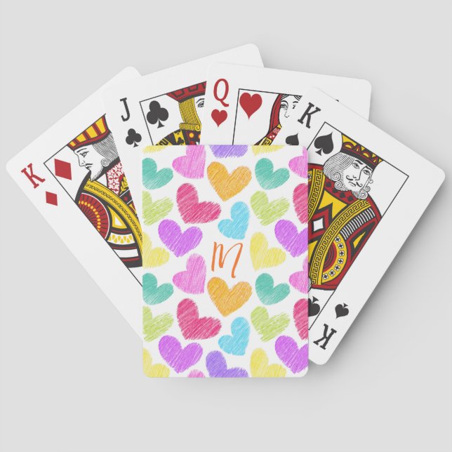 Cute Colorful Heart Pastel Valentine Love Monogram Poker Cards (Back)