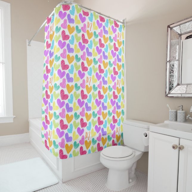 Cute Colorful Heart Pastel Valentine Love Monogram Shower Curtain (In Situ)