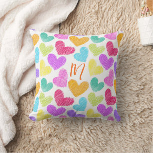 Cute Colorful Heart Pastel Valentine Love Monogram Throw Pillow