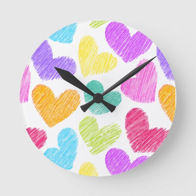 Cute Colorful Heart Pastel Valentine Love Pattern  Round Clock (Front)
