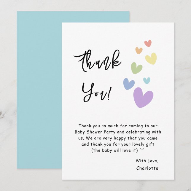 Cute & Colorful Hearts Baby Shower Thank You Card (Front/Back)
