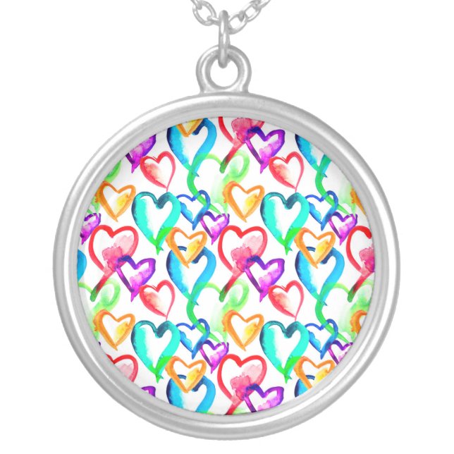 Cute colorful hearts pattern silver plated necklace (Front)