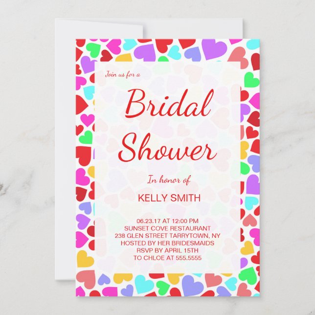 Cute colorful hearts patterns bridal shower invitation (Front)