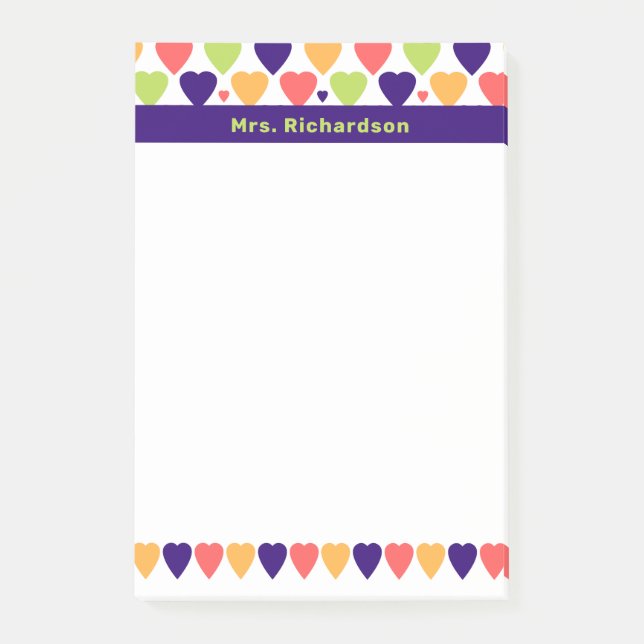 Cute Colorful Hearts Personalized Name School Post-it Notes (Front)