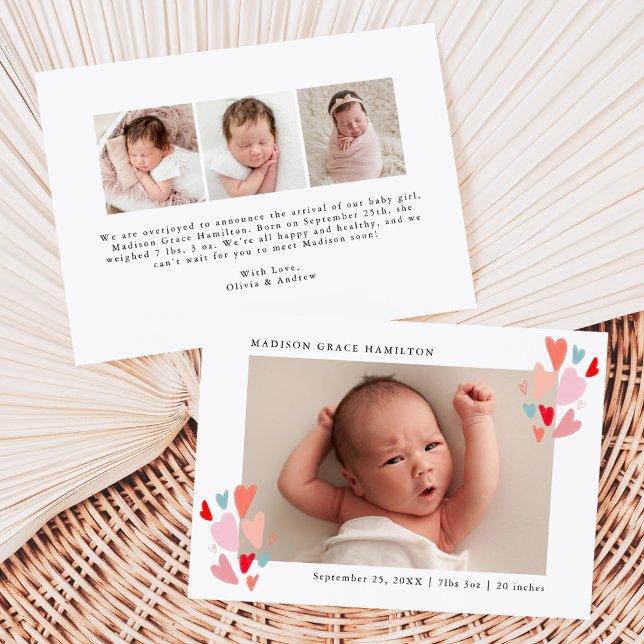 Cute Colorful Hearts Photo Birth Announcement (Creator Uploaded)