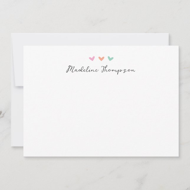 Cute Colorful Hearts Script Stationery Note Card (Front)