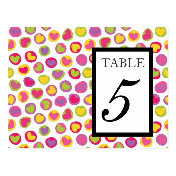 Cute colorful hearts Wedding Table Number Postcard