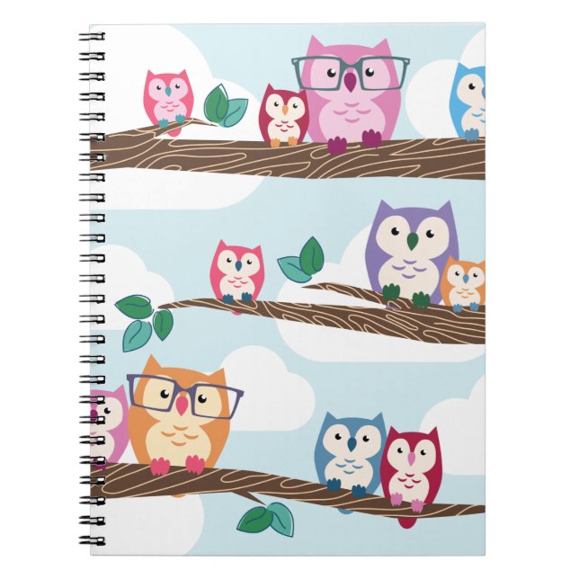 Cute Colorful Hipster Owls on Branches Notebook (Front)