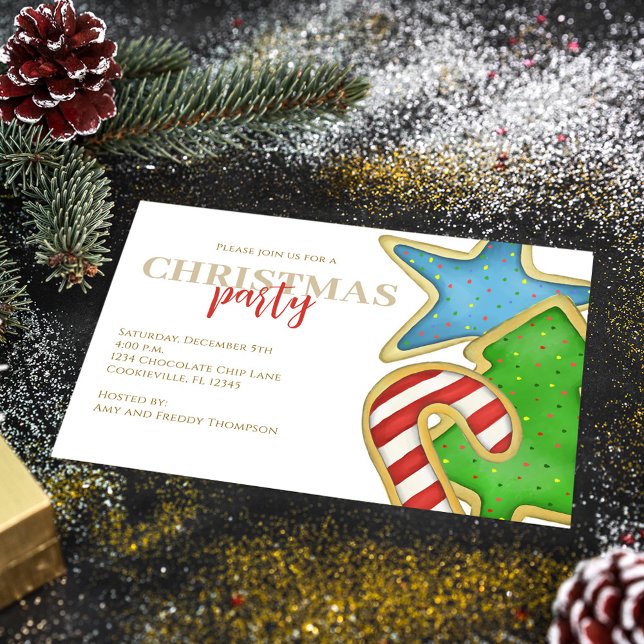 Cute Colorful Holiday Cookies Christmas Party Invitation (Christmas whimsical colorful cookie cutout invitation with watercolor cute cookies. )