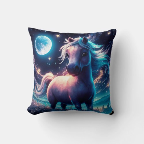 Cute Colorful Horse under Full Moon Throw Pillow