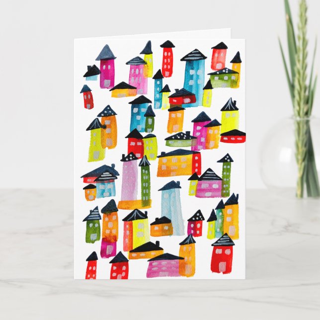 Cute colorful houses watercolor art card (Front)