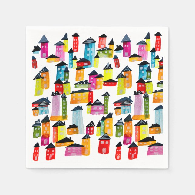 Cute colorful houses watercolor art napkins (Front)