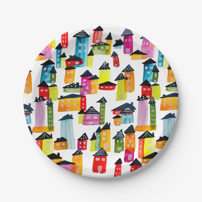 Cute colorful houses watercolor art paper plates (Front)