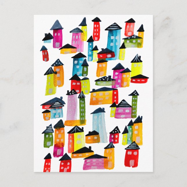 Cute colorful houses watercolor art postcard (Front)