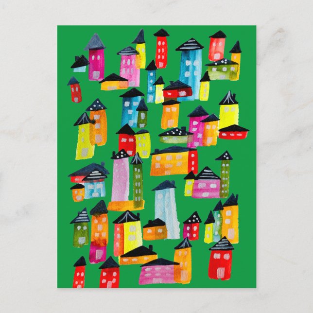Cute colorful houses watercolor art postcard (Front)
