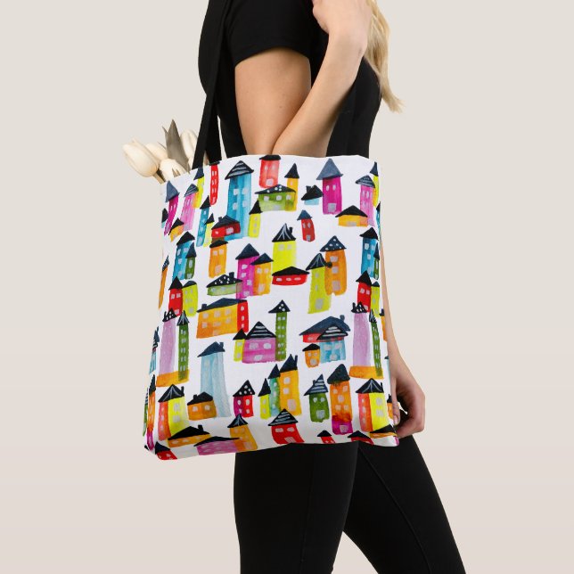 Cute colorful houses watercolor art tote bag (Close Up)