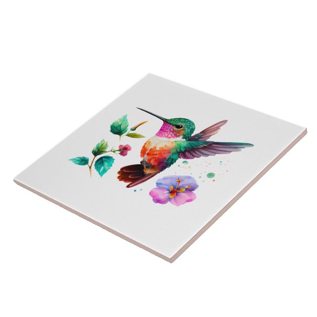 Cute Colorful Hummingbird and flowers Ceramic Tile (Side)