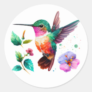 Cute Colorful Hummingbird and flowers Classic Round Sticker