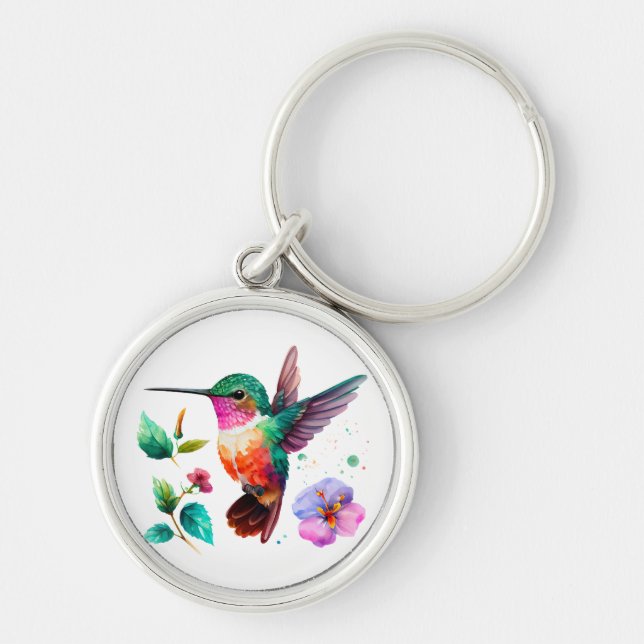 Cute Colorful Hummingbird and flowers Keychain (Front)