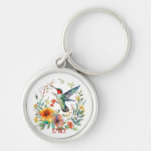 Cute Colorful Hummingbird and flowers Keychain