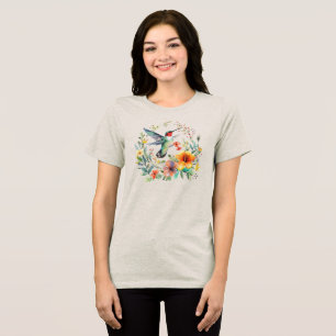 Cute Colorful Hummingbird Floral Wreath Tri-Blend Shirt