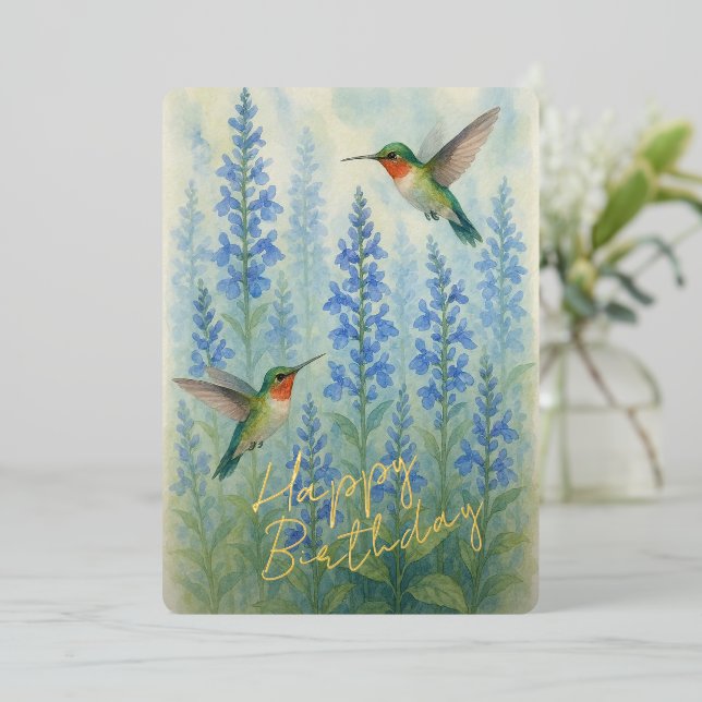 Cute Colorful Hummingbirds Gold Foil Birthday Card (Standing Front)