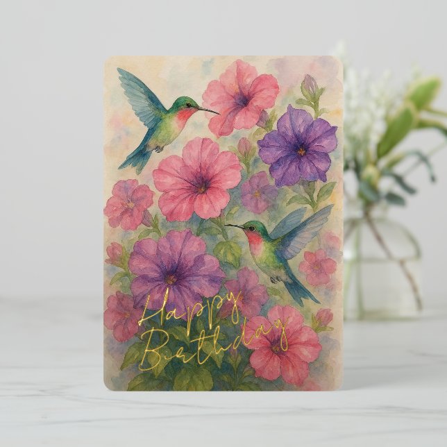 Cute Colorful Hummingbirds Gold Foil Birthday Card (Standing Front)