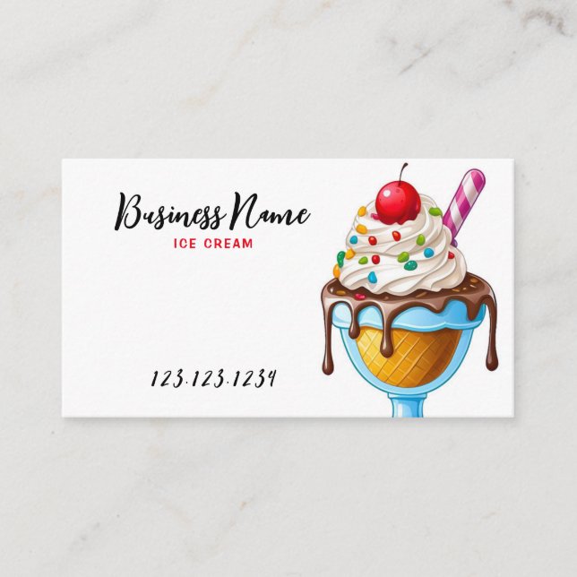 Cute Colorful Ice Cream Sundae Illustration Business Card (Front)