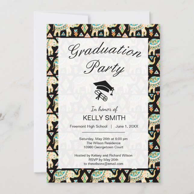 Cute colorful indian elephants graduation party invitation (Front)