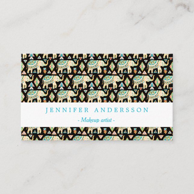Cute colorful indian elephants pattern business card (Front)