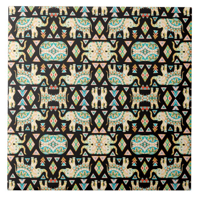 Cute colorful indian elephants pattern ceramic tile (Front)