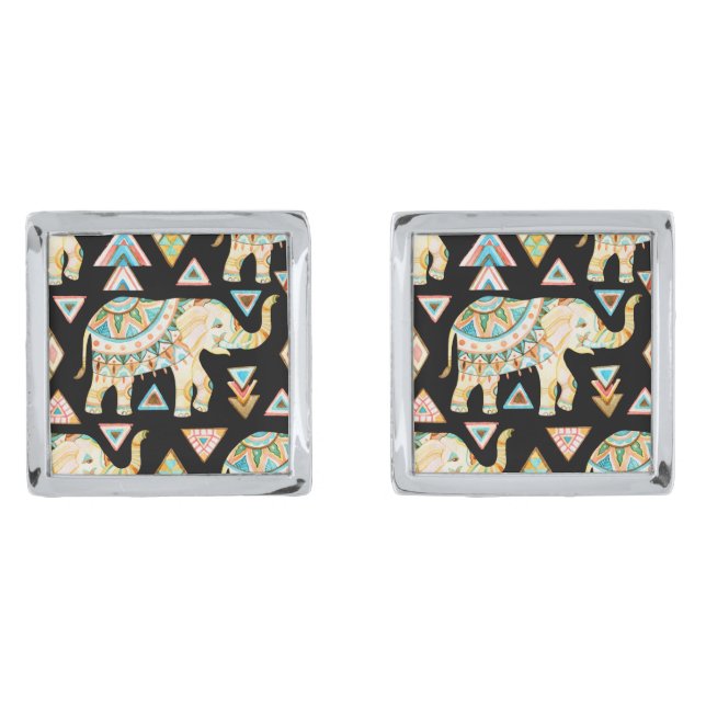 Cute colorful indian elephants pattern cufflinks (Front)