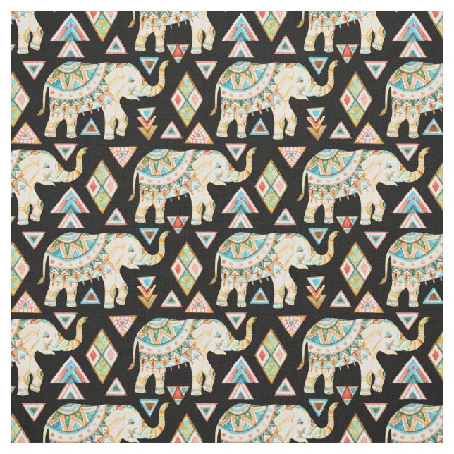 Cute colorful indian elephants pattern fabric (Swatch)