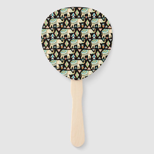 Cute colorful indian elephants pattern hand fan (Front)