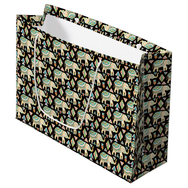 Cute colorful indian elephants pattern large gift bag (Front Angled)