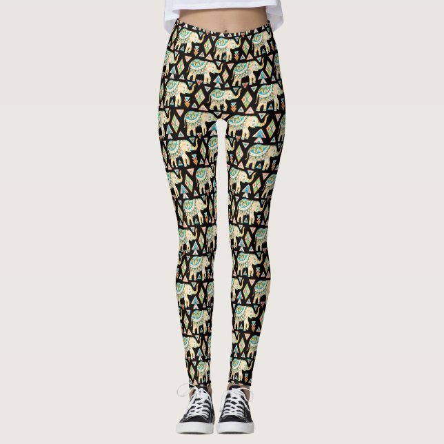 Cute colorful indian elephants pattern leggings (Front)