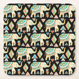 Cute colorful indian elephants pattern square paper coaster