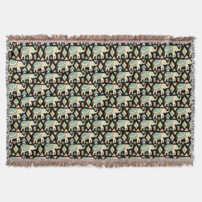 Cute colorful indian elephants pattern throw blanket (Front)