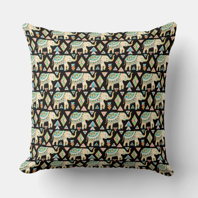Cute colorful indian elephants pattern throw pillow (Front)