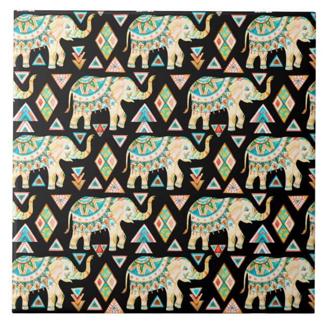 Cute colorful indian elephants pattern tile (Front)