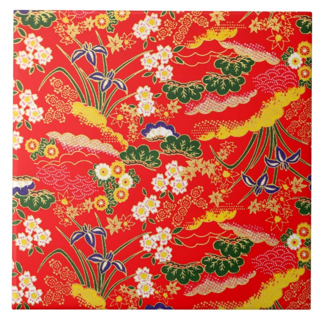 Cute colorful japanese floral patterns ceramic tile (Front)