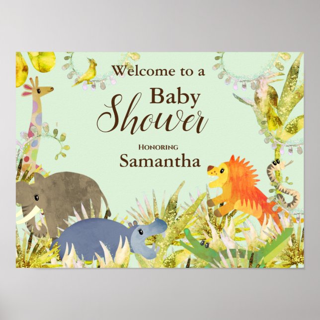 Cute Colorful Jungle Animals Tropical Baby Shower  Poster (Front)