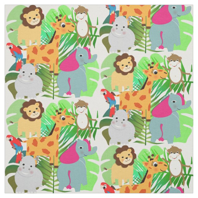 Cute Colorful Jungle Safari Kids Cartoon Animal Fabric (Swatch)