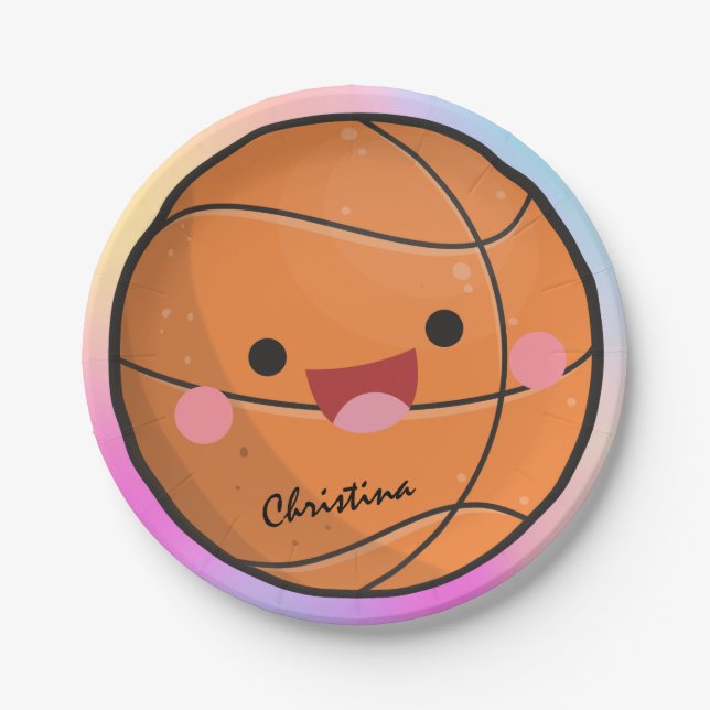 Cute Colorful Kawaii Basketball Ball Player's Name Paper Plates (Front)