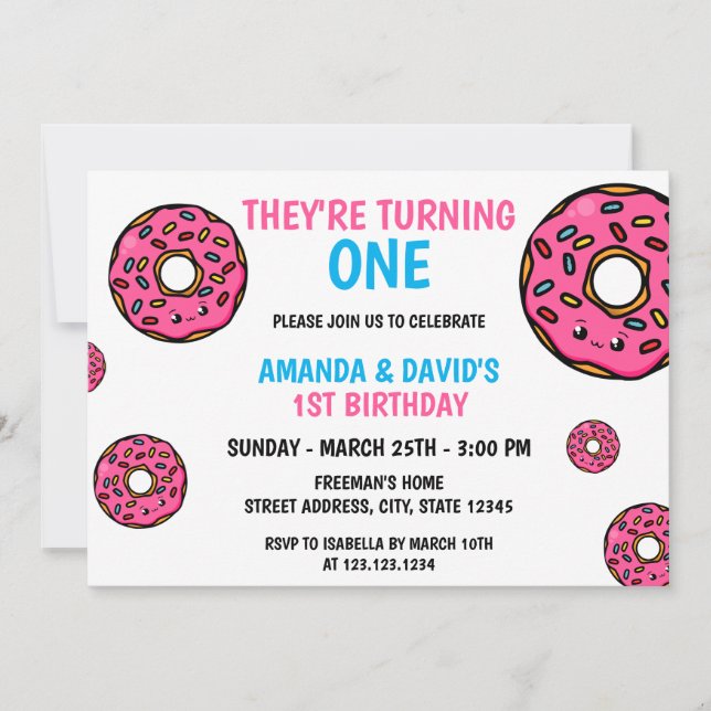 Cute Colorful Kawaii Donut Twin Joint 1st Birthday Invitation (Front)
