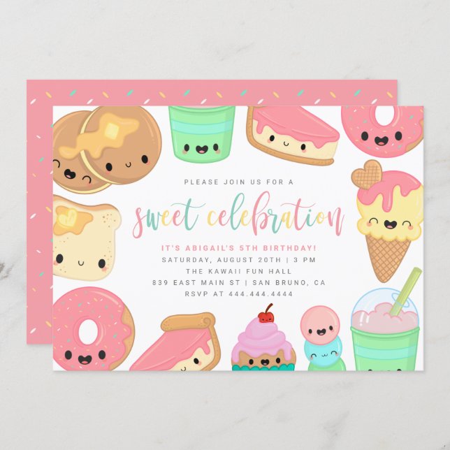 Cute Colorful Kawaii Sweet Elements Kids' Birthday Invitation (Front/Back)