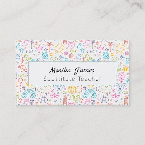 Cute Colorful Kids Drawing Substitute Teacher Business Card
