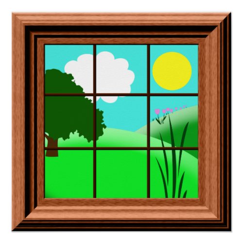 Cute Colorful Kids Fake Window View Cartoon Poster