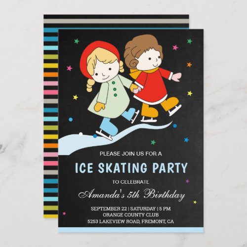 Cute Colorful Kids Ice Skating Birthday Party Invitation